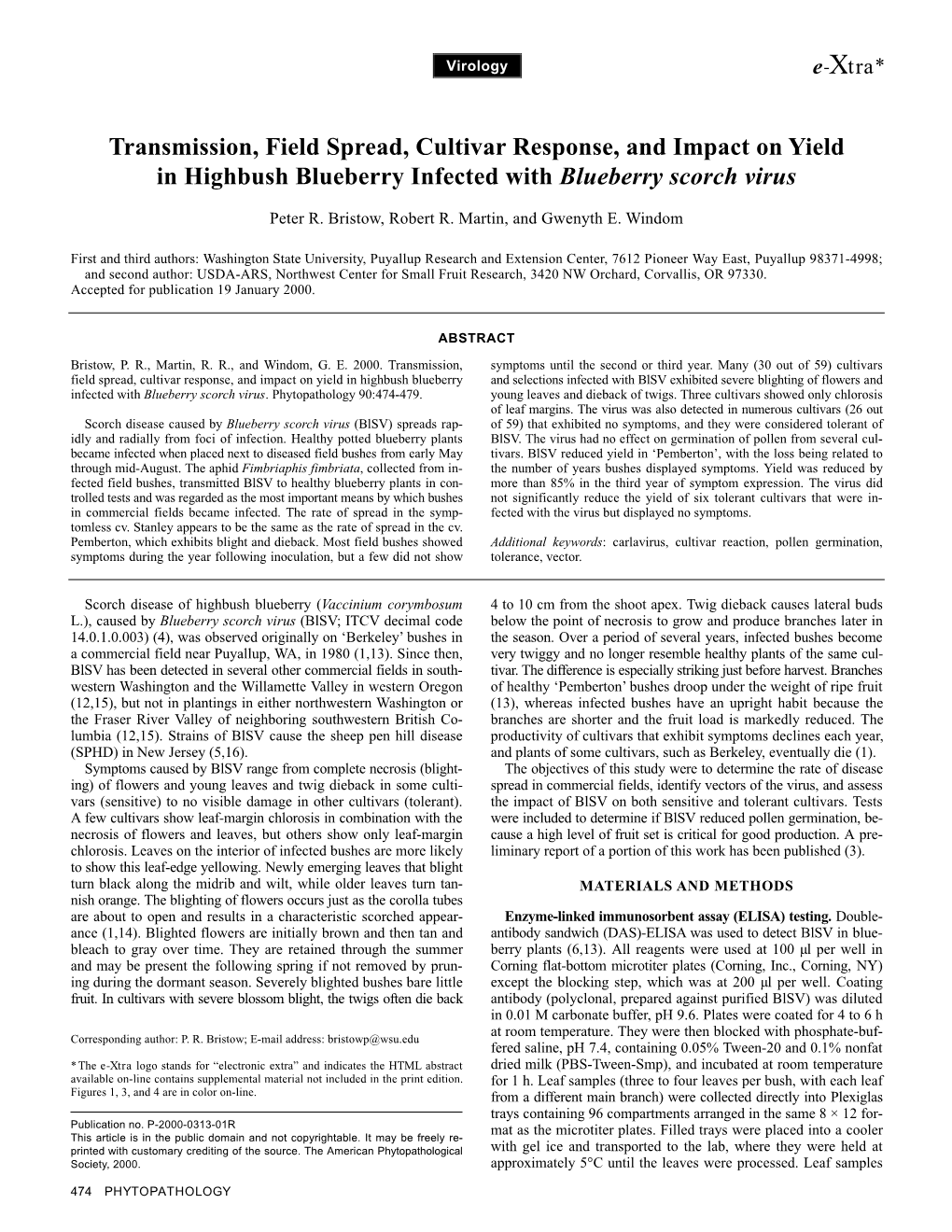 Transmission, Field Spread, Cultivar Response, and Impact on Yield in Highbush Blueberry Infected with Blueberry Scorch Virus