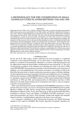 A METHODOLOGY for the CONSERVATION of SMALL ANATOLIAN CITIES PLANNED BETWEEN 1920 and 1960
