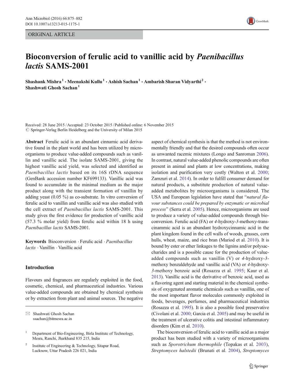 Bioconversion of Ferulic Acid to Vanillic Acid by Paenibacillus Lactis SAMS-2001