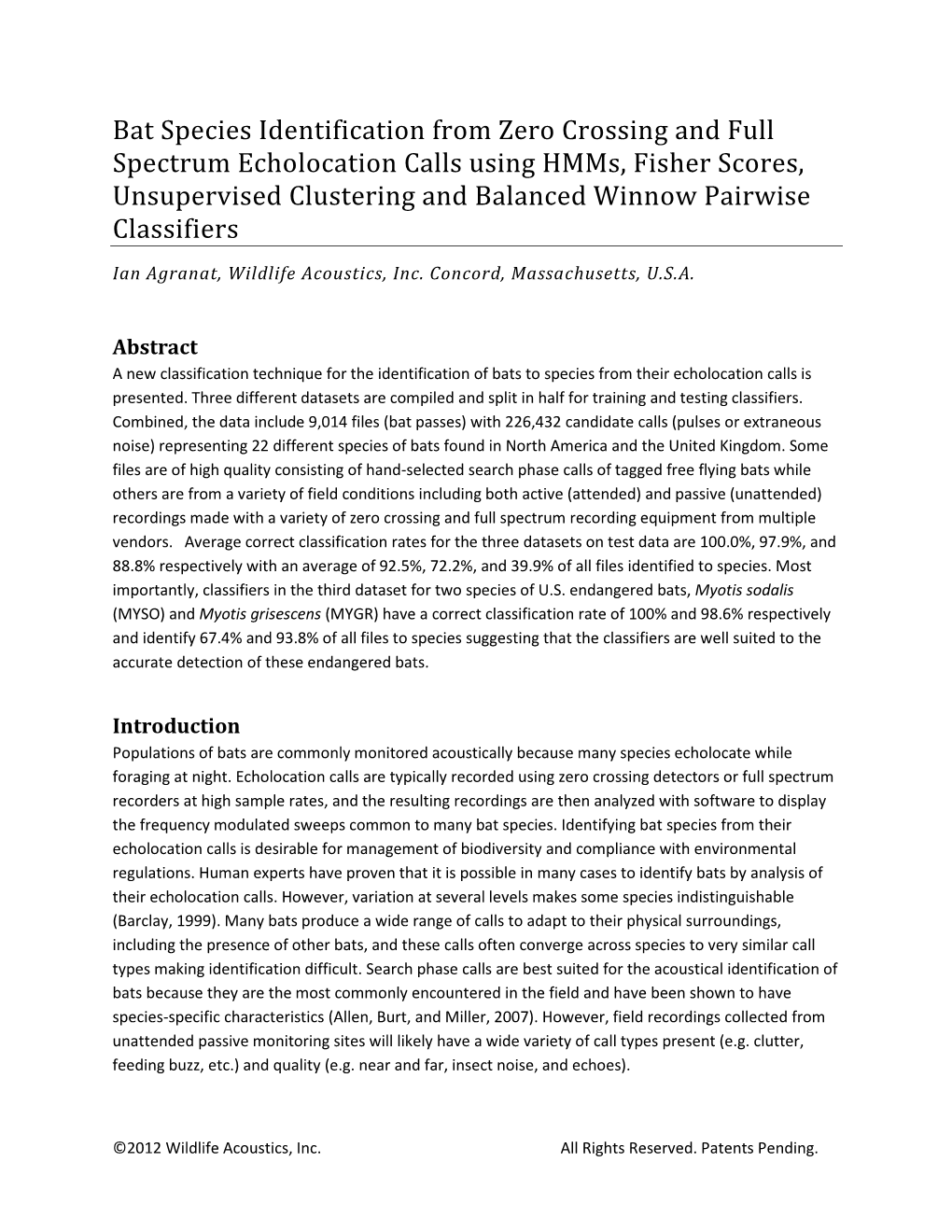 Bat Species Identification from Zero Crossing And