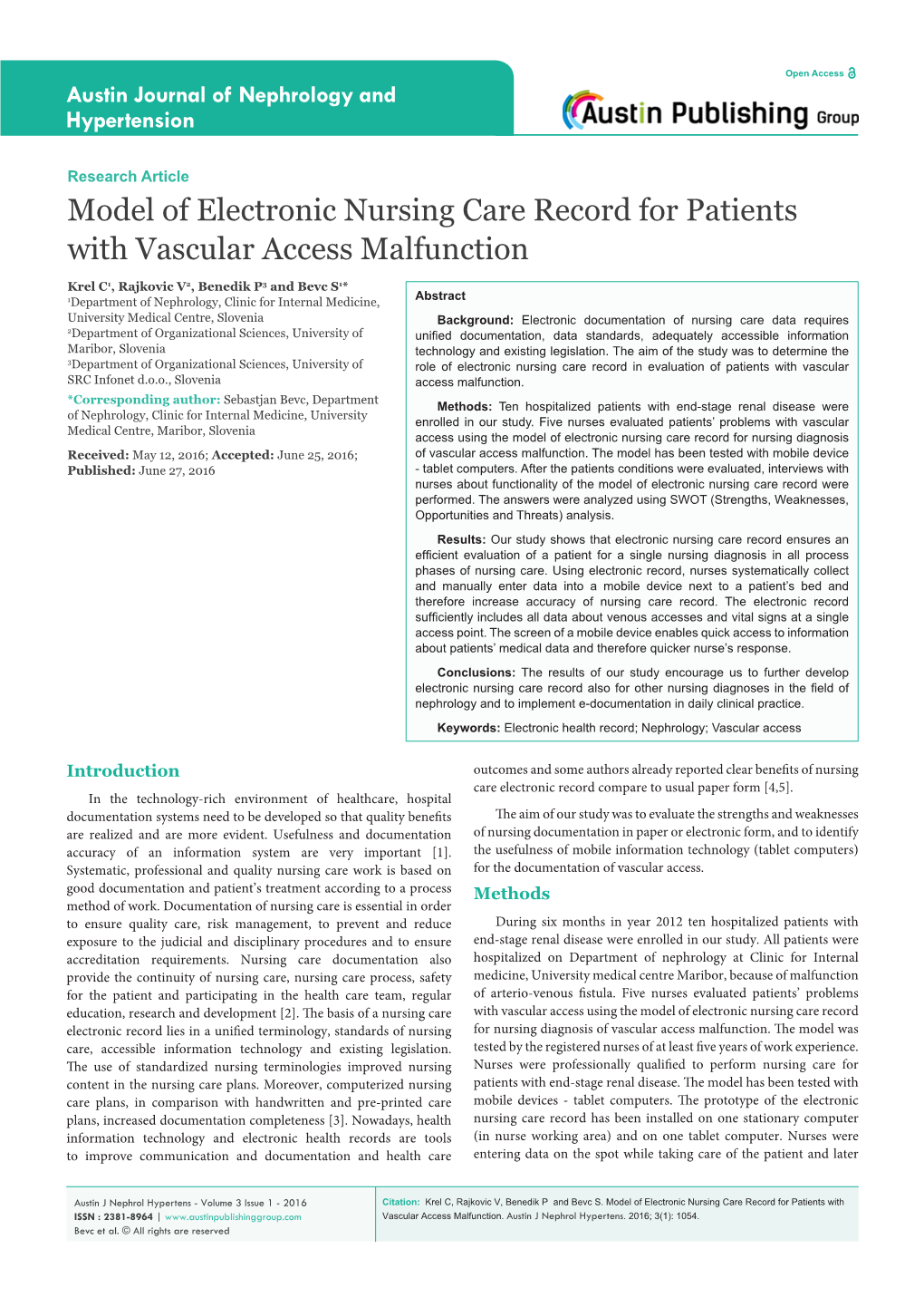 Model of Electronic Nursing Care Record for Patients with Vascular Access Malfunction