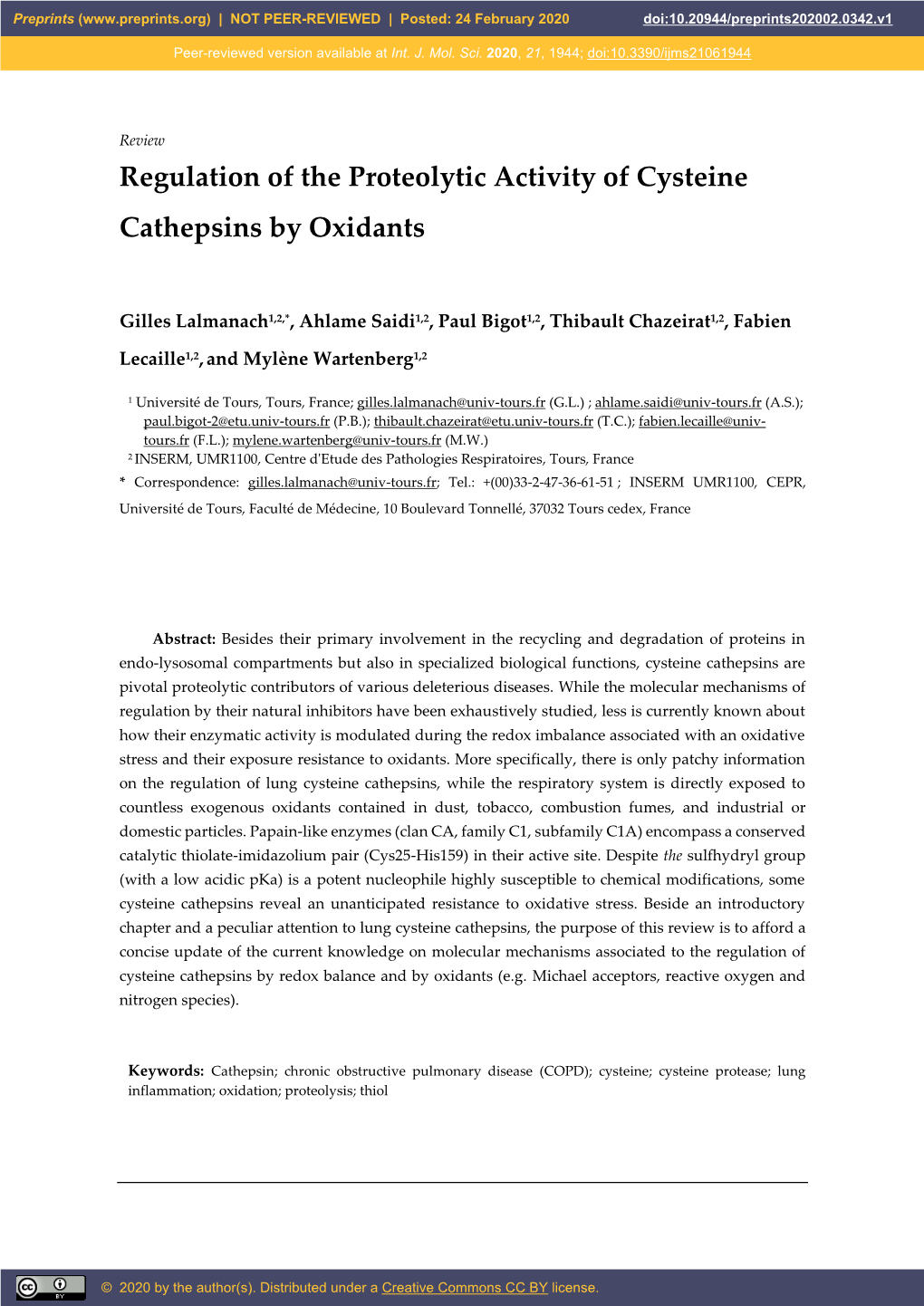 Regulation of the Proteolytic Activity of Cysteine Cathepsins by Oxidants