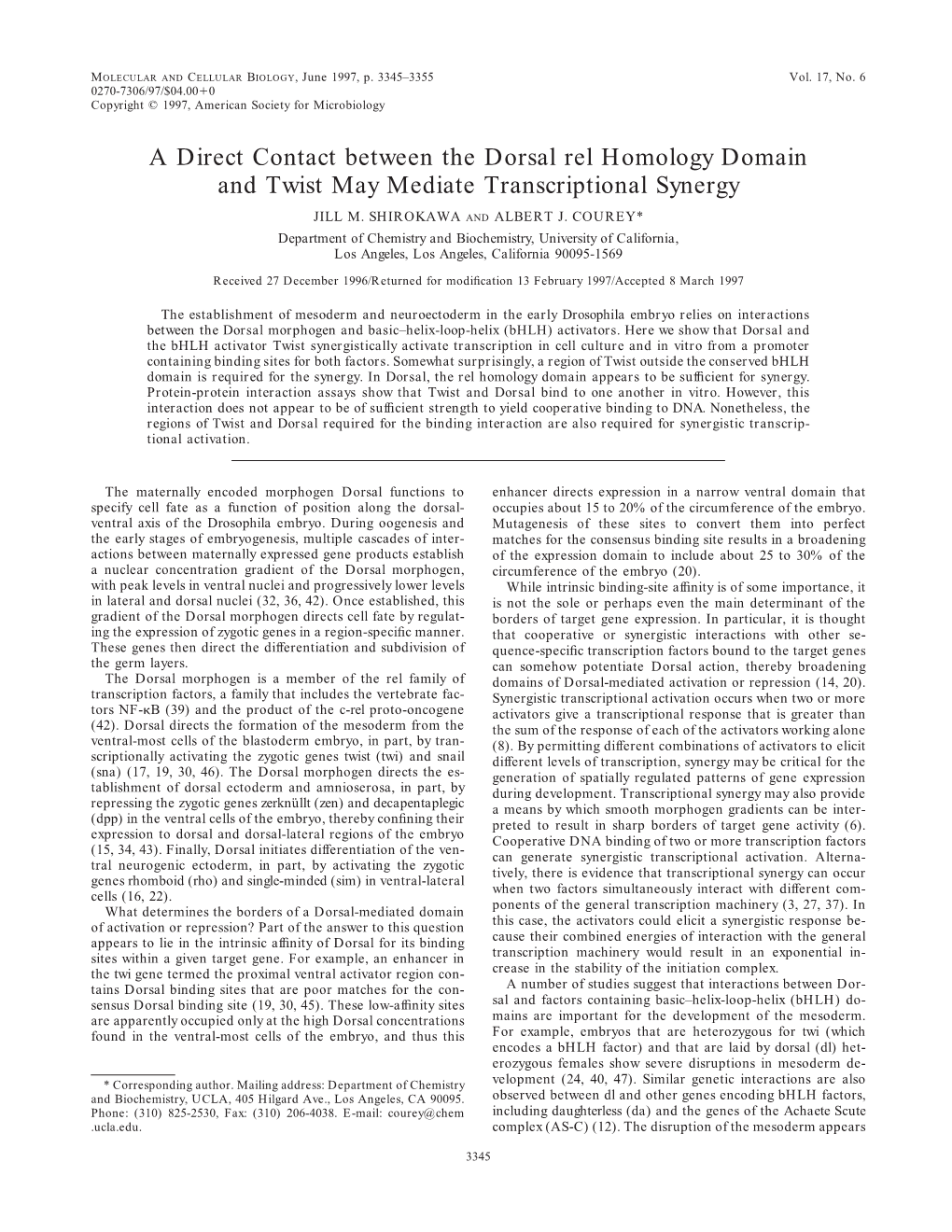 A Direct Contact Between the Dorsal Rel Homology Domain and Twist May Mediate Transcriptional Synergy