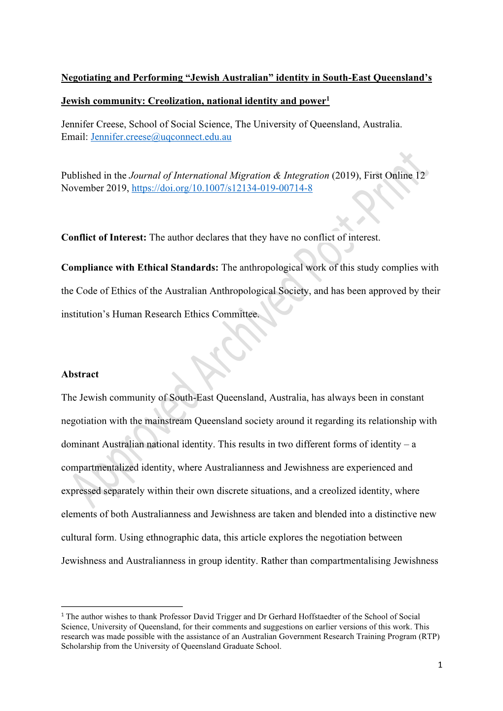 Negotiating and Performing “Jewish Australian” Identity in South-East Queensland's Jewish Community: Creolization, Nationa