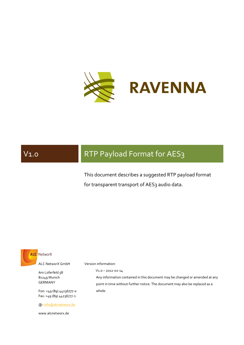 RAVENNA - RTP Payload Format for AES3