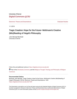 Tragic Creation: Hope for the Future—Moltmann's Creative (Mis)Reading of Hegel's Philosophy