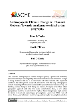 Anthropogenic Climate Change Is Urban Not Modern: Towards an Alternate Critical Urban Geography