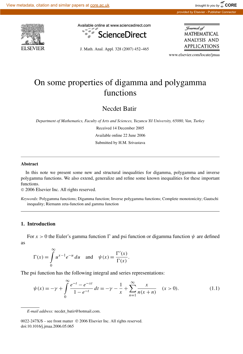 On Some Properties of Digamma and Polygamma Functions