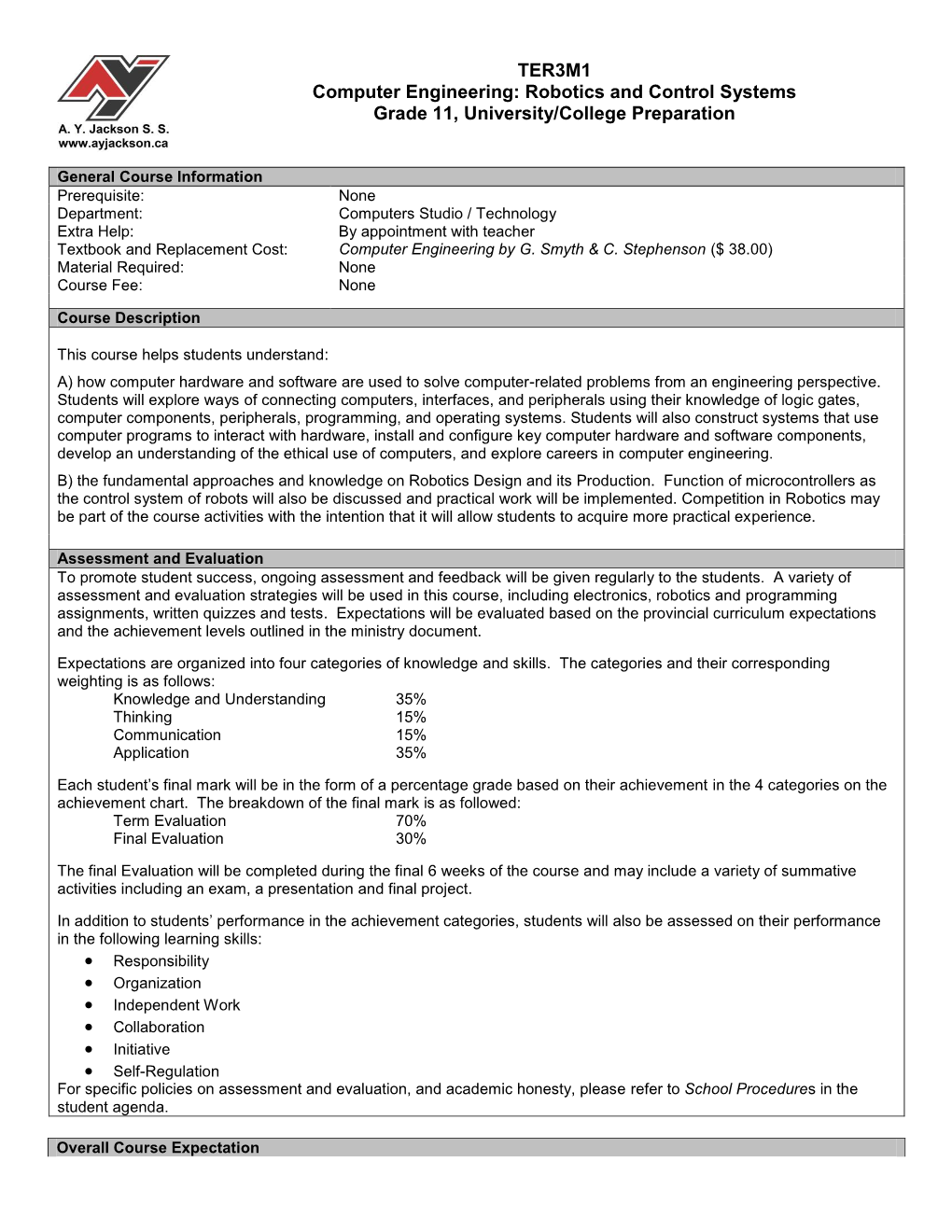 TER3M1 Computer Engineering: Robotics and Control Systems Grade 11, University/College Preparation