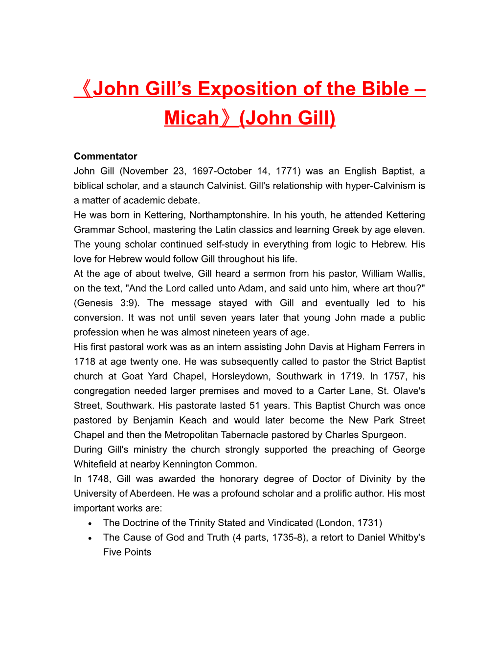 John Gill S Exposition of the Bible Micah (John Gill)