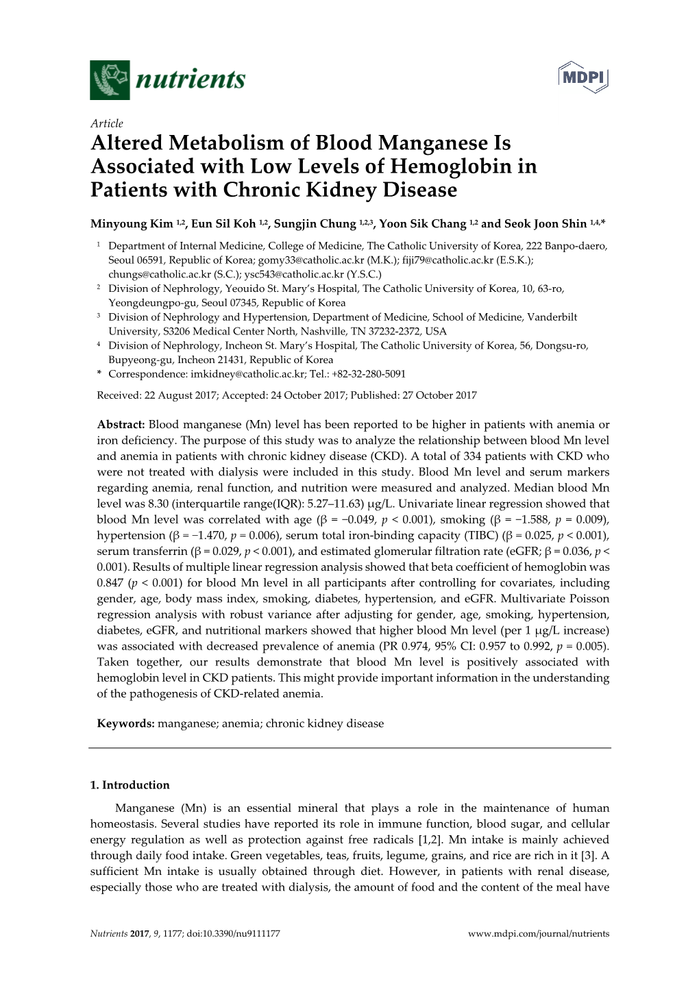 Altered Metabolism of Blood Manganese Is Associated with Low Levels of Hemoglobin in Patients with Chronic Kidney Disease