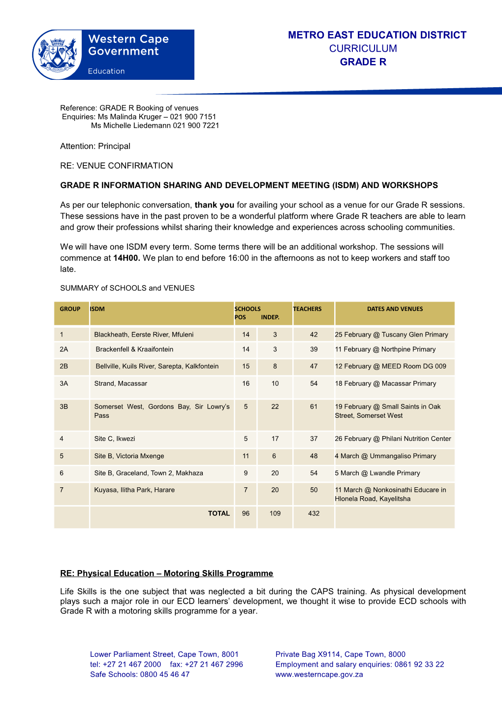 Reference: GRADE R Booking of Venues