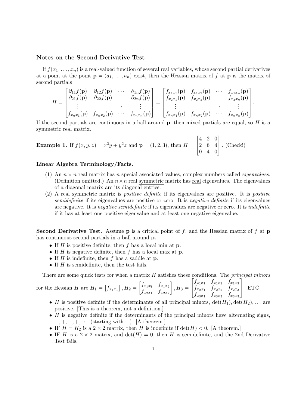 Notes on the Second Derivative Test