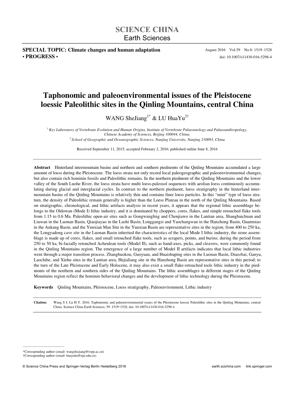 SCIENCE CHINA Taphonomic and Paleoenvironmental Issues of the Pleistocene Loessic Paleolithic Sites in the Qinling Mountains, C