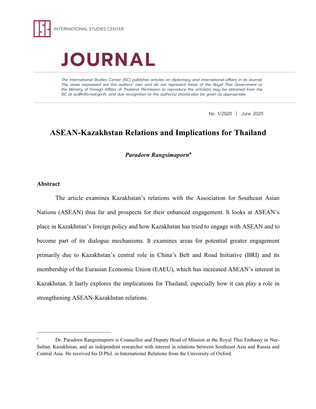 ASEAN-Kazakhstan Relations and Implications for Thailand