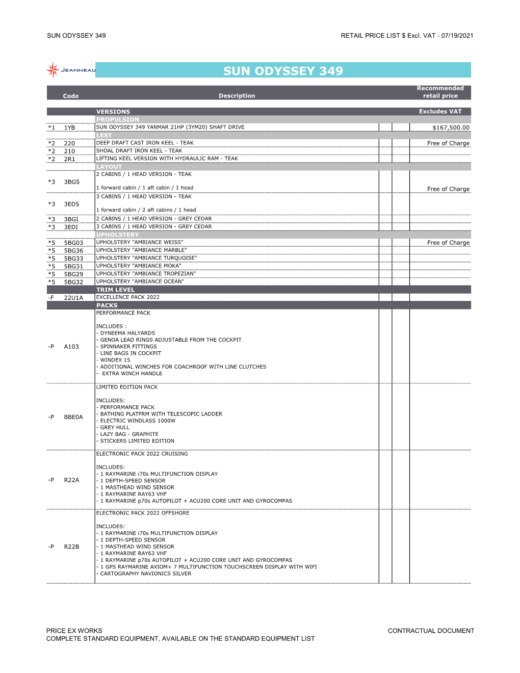 SUN ODYSSEY 349 RETAIL PRICE LIST $ Excl