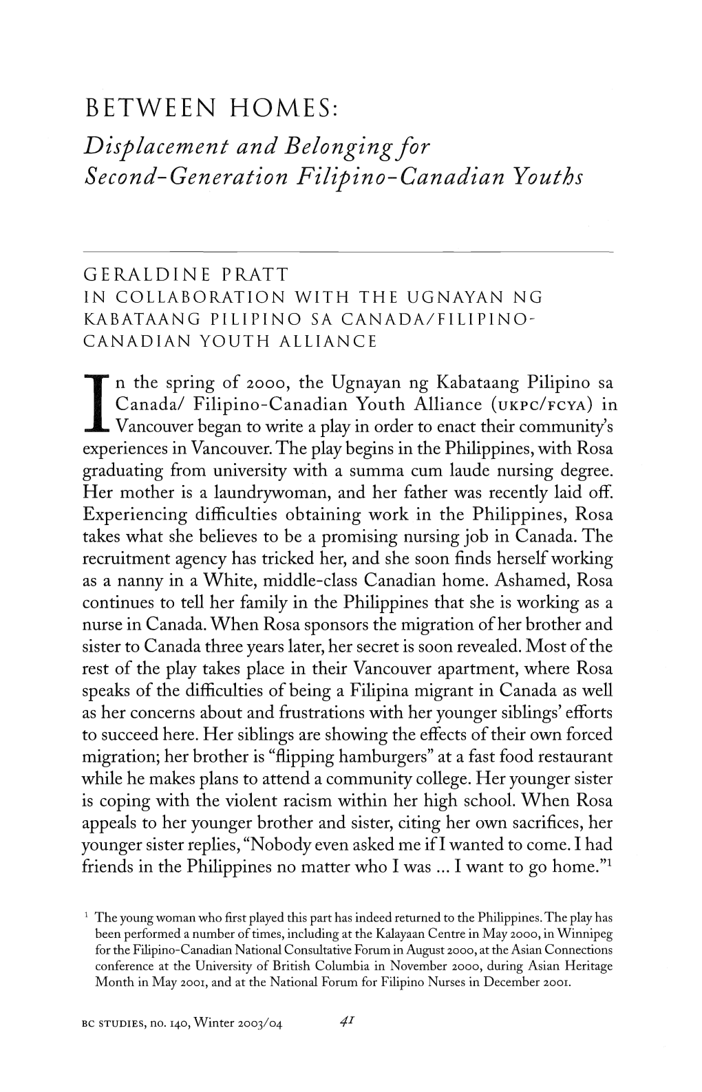 Displacement and Belonging for Second-Generation Filipino-Canadian Youths