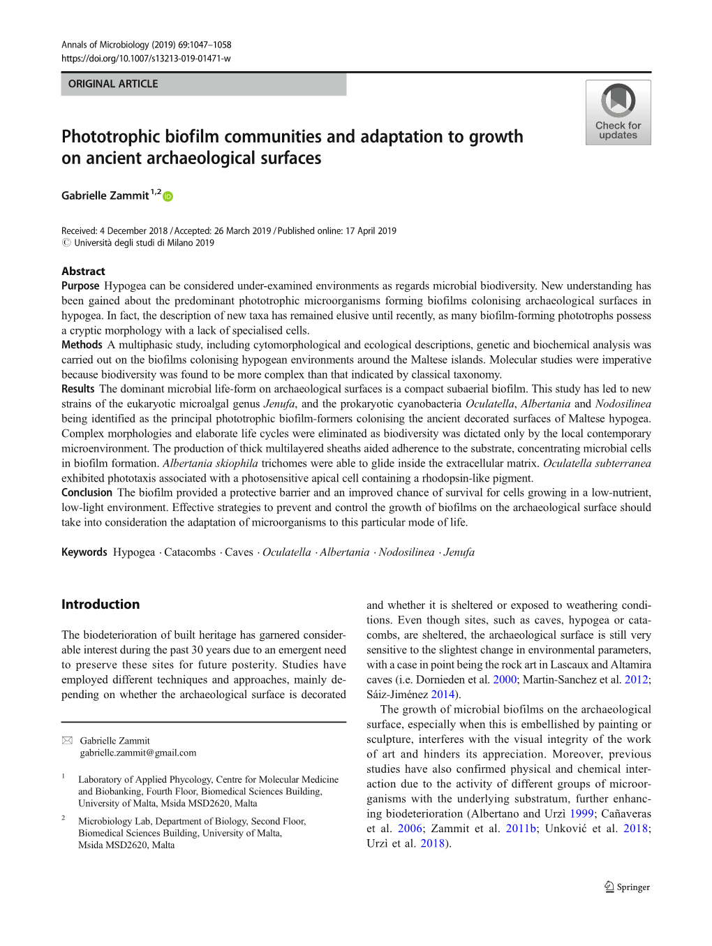 Phototrophic Biofilm Communities and Adaptation to Growth on Ancient Archaeological Surfaces