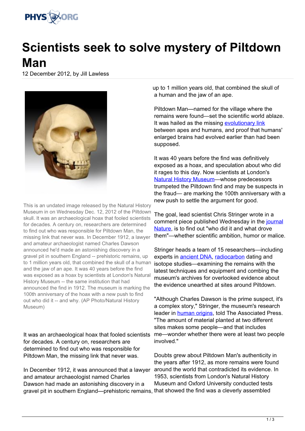 Scientists Seek to Solve Mystery of Piltdown Man 12 December 2012, by Jill Lawless