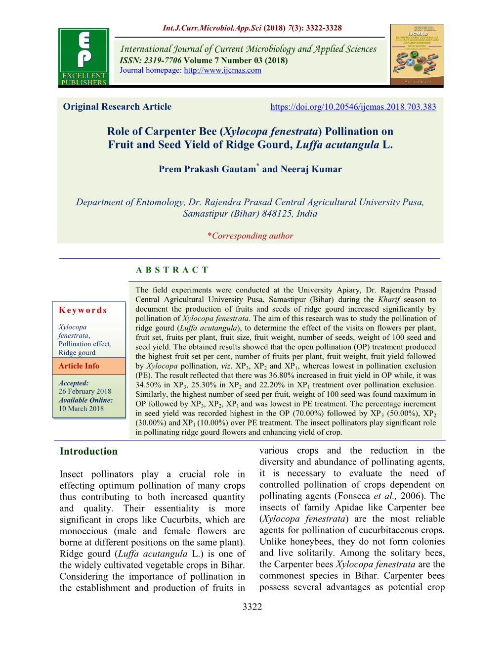 Role of Carpenter Bee (Xylocopa Fenestrata) Pollination on Fruit and Seed Yield of Ridge Gourd, Luffa Acutangula L