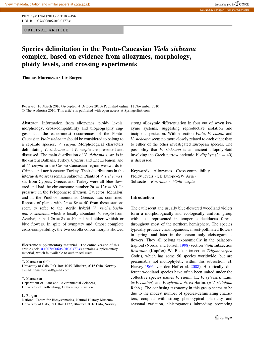 Species Delimitation in the Ponto-Caucasian Viola Sieheana Complex, Based on Evidence from Allozymes, Morphology, Ploidy Levels, and Crossing Experiments