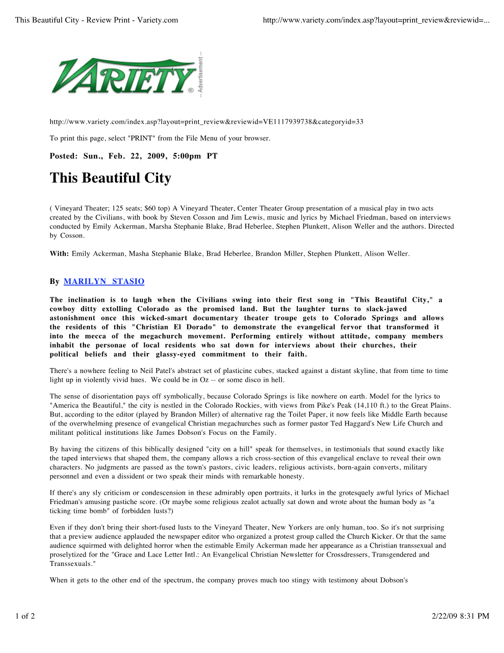 This Beautiful City - Review Print - Variety.Com