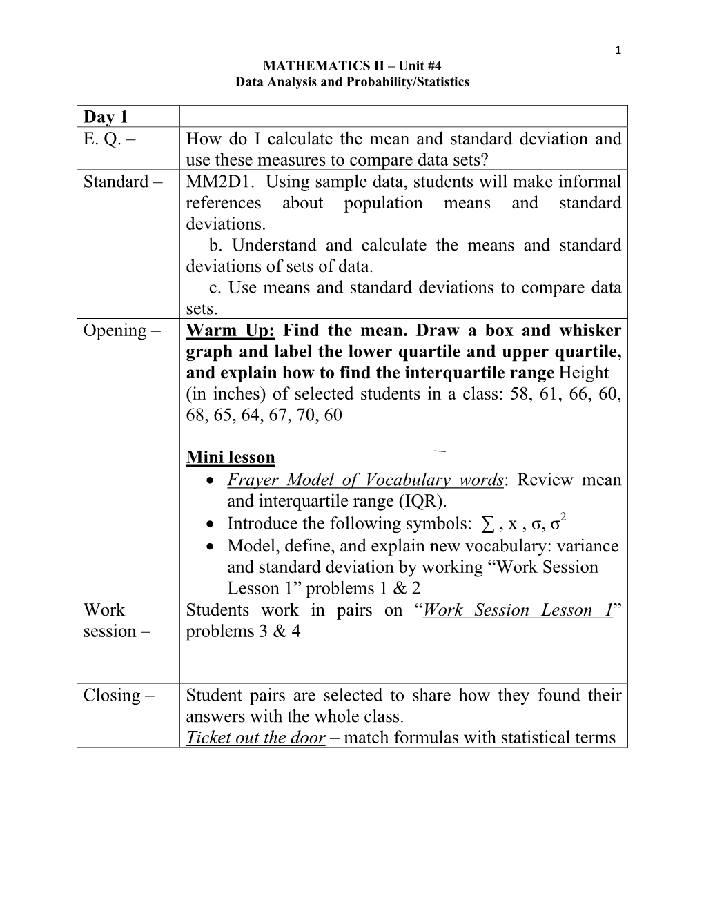 Math II Unit 4 Statistics Lessons