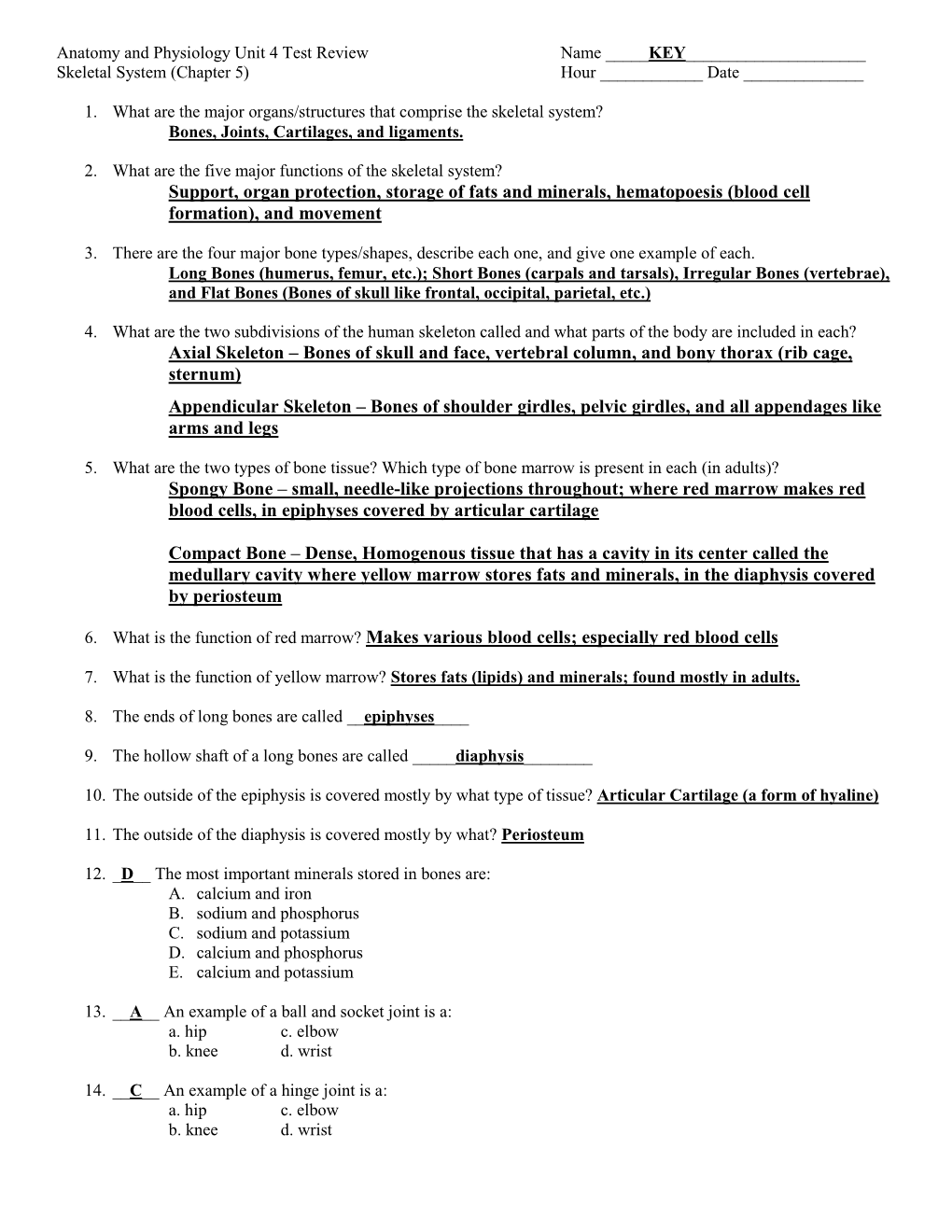 Anatomy and Physiology Unit 5 Test Review