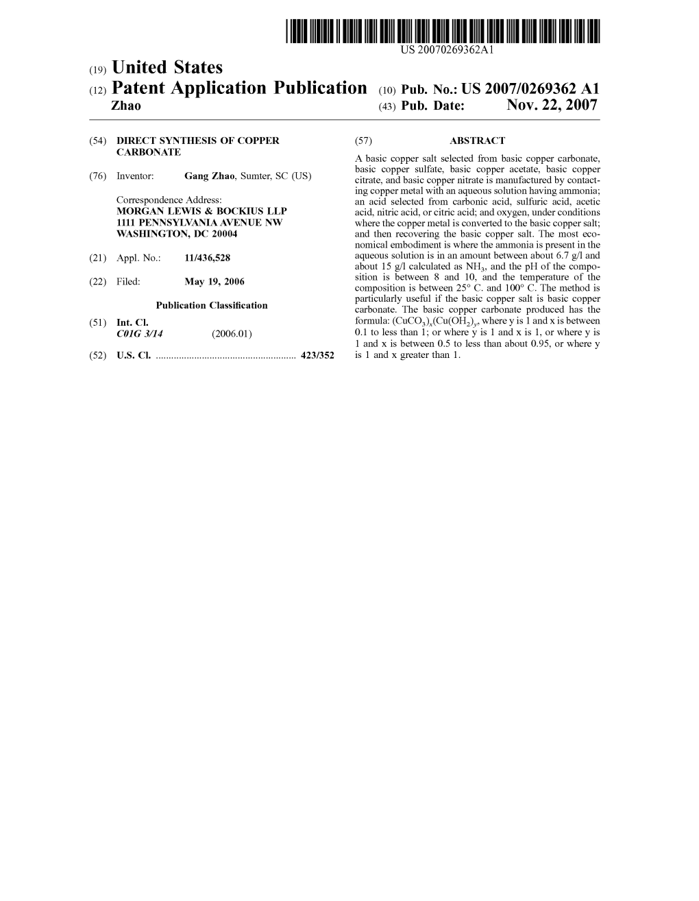 (12) Patent Application Publication (10) Pub. No.: US 2007/0269362 A1 Zhao (43) Pub