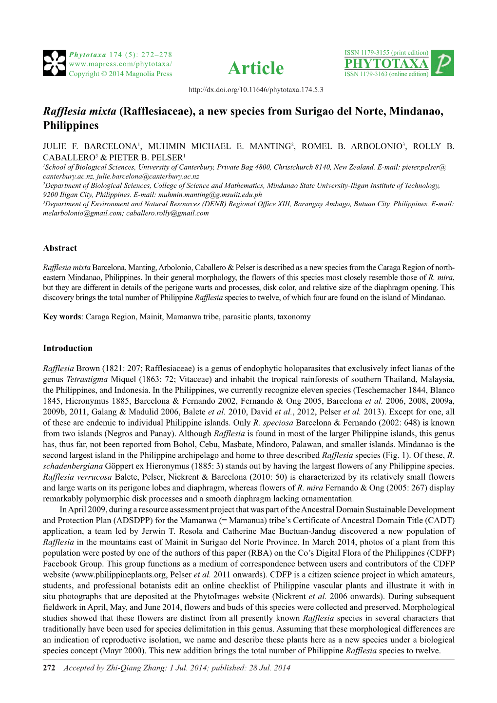 Rafflesia Mixta (Rafflesiaceae), a New Species from Surigao Del Norte, Mindanao, Philippines