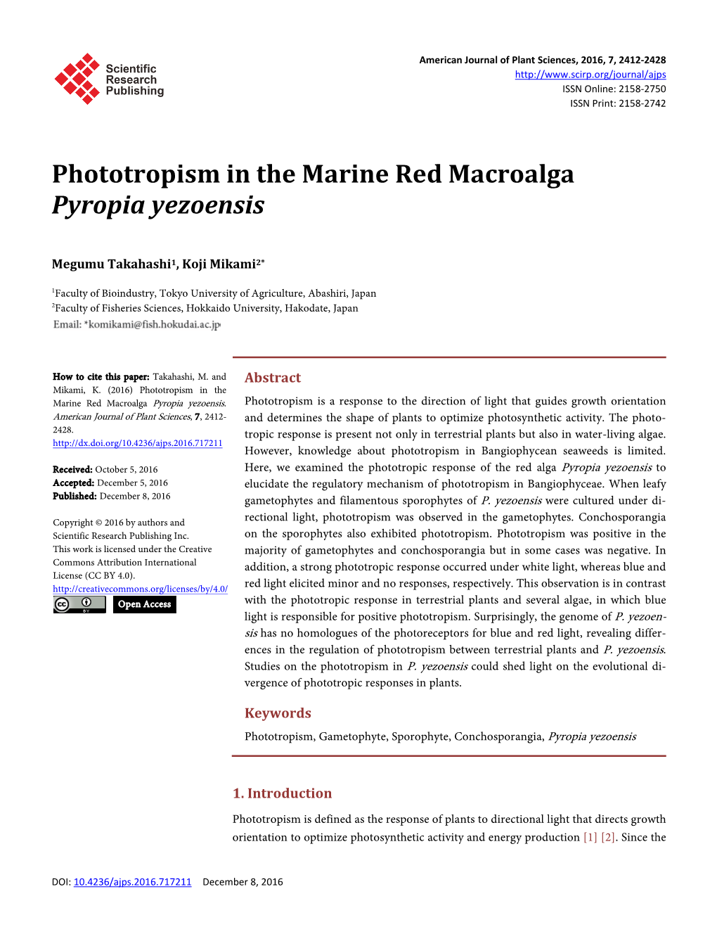Phototropism in the Marine Red Macroalga Pyropia Yezoensis