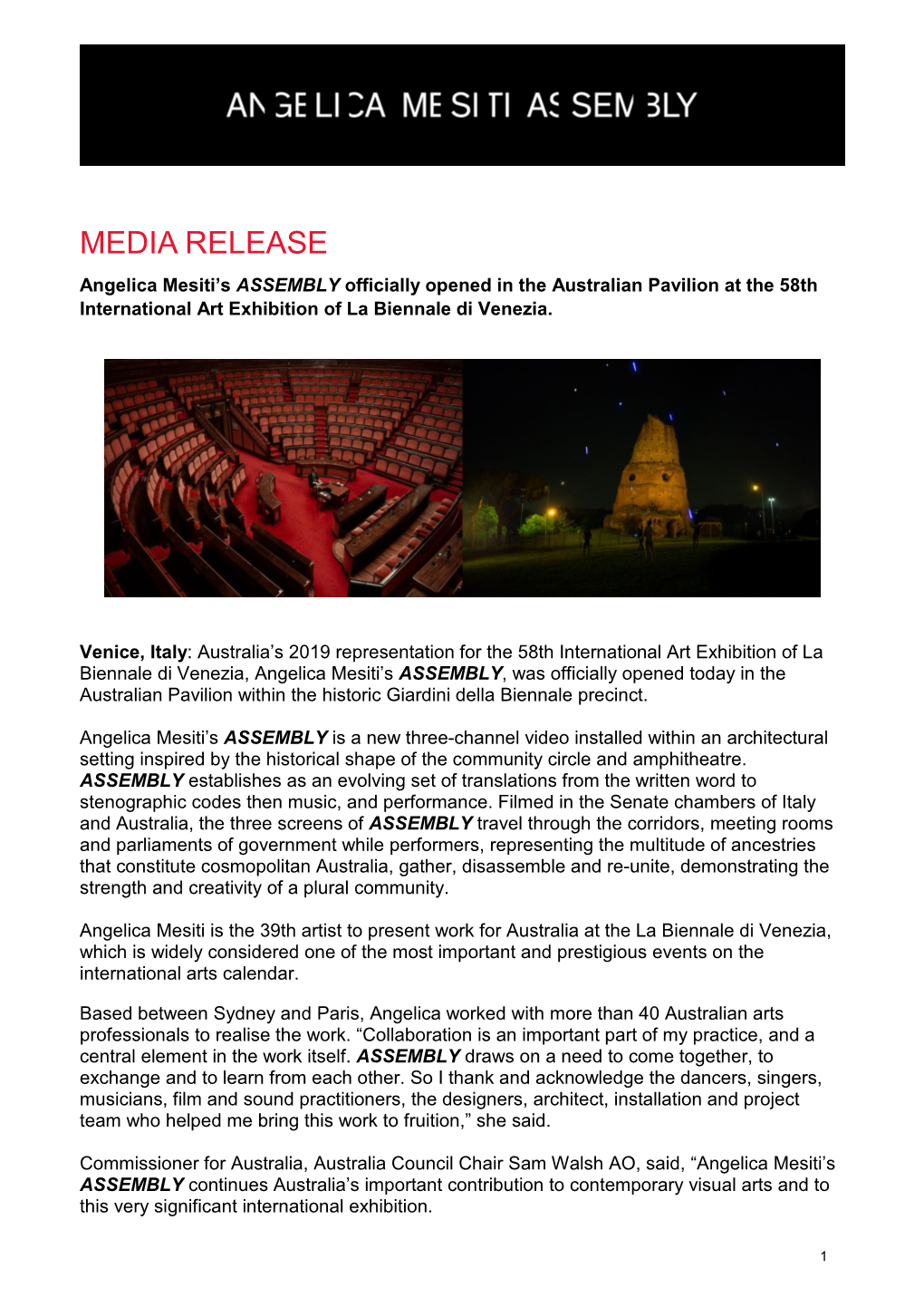 MEDIA RELEASE Angelica Mesiti’S ASSEMBLY Officially Opened in the Australian Pavilion at the 58Th International Art Exhibition of La Biennale Di Venezia