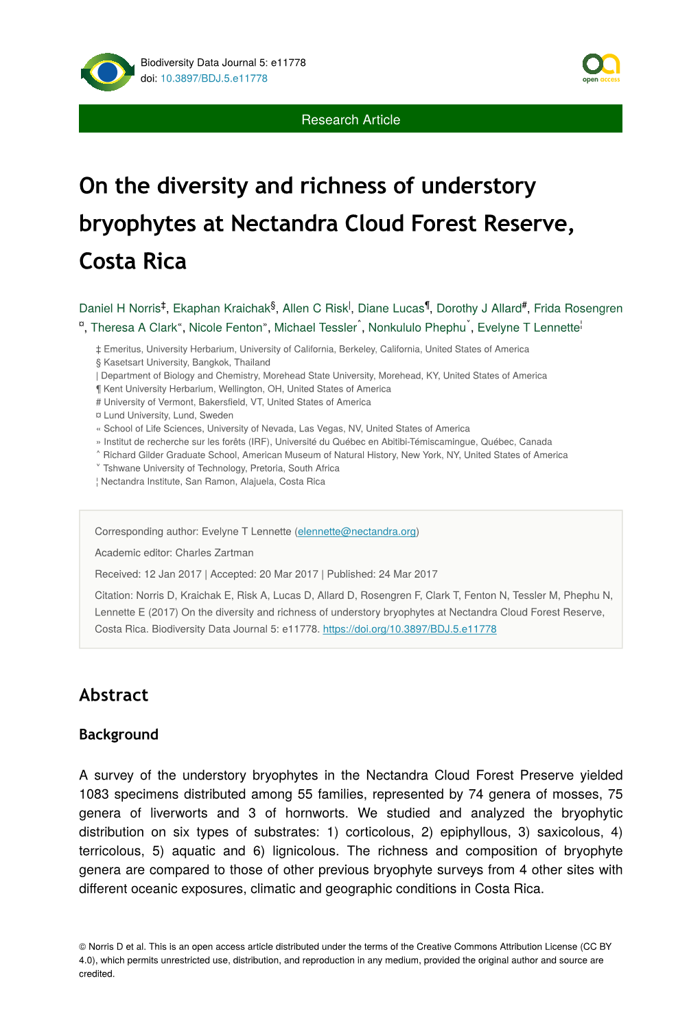 On the Diversity and Richness of Understory Bryophytes at Nectandra Cloud Forest Reserve, Costa Rica