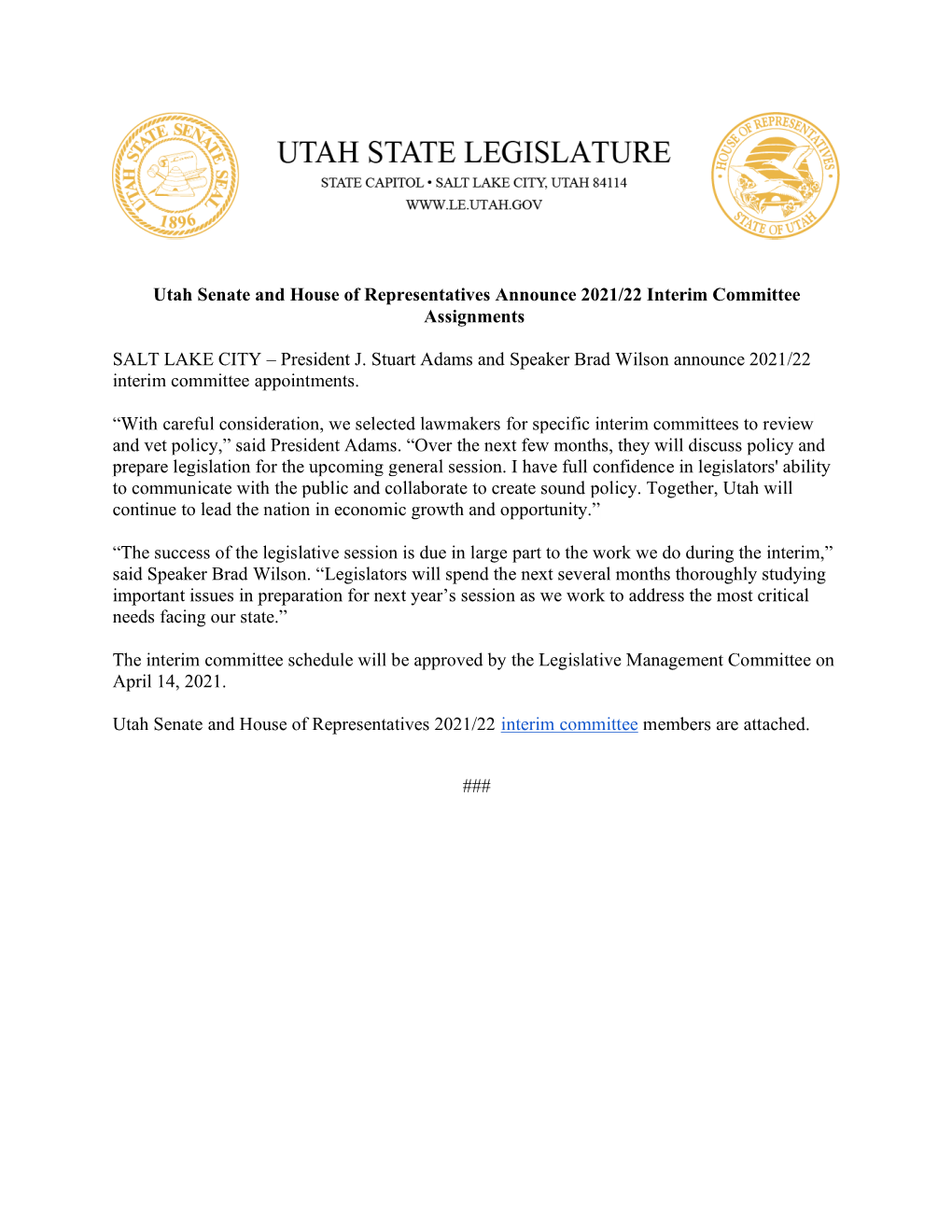 Utah Senate and House of Representatives Announce 2021/22 Interim Committee Assignments