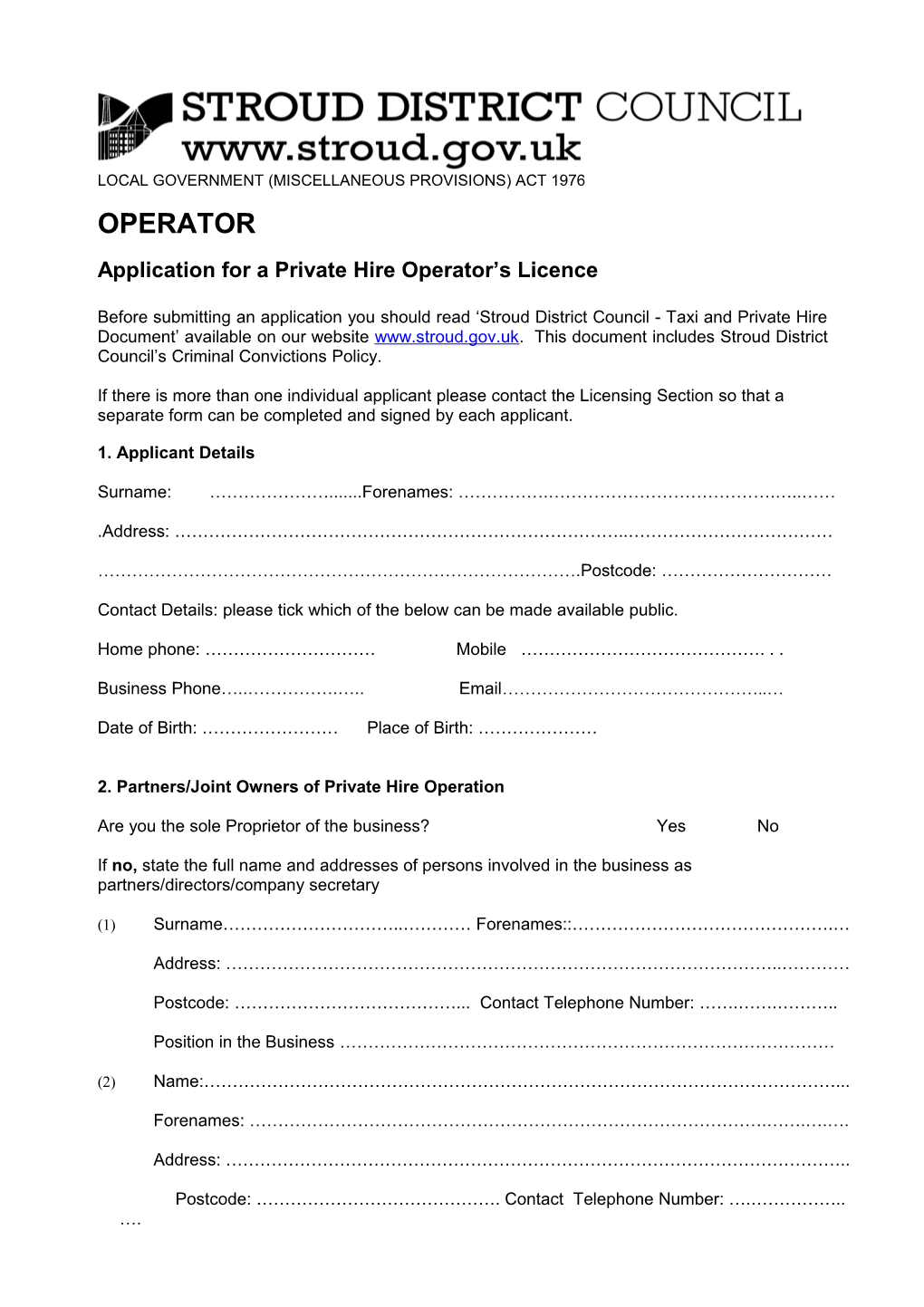 Application for a Private Hire Operator S Licence