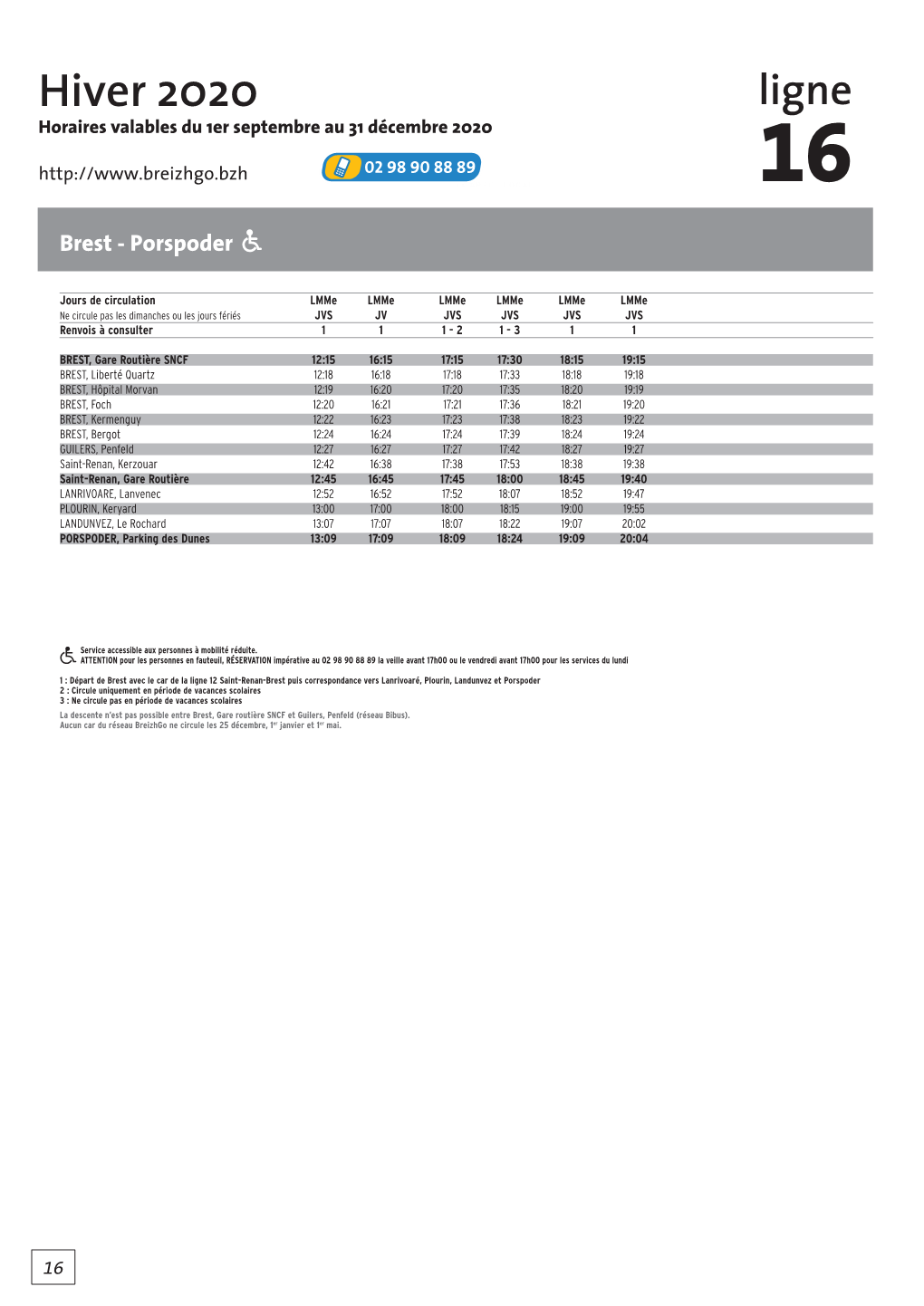 Hiver 2020 Ligne Horaires Valables Du 1Er Septembre Au 31 Décembre 2020 16 Brest - Porspoder