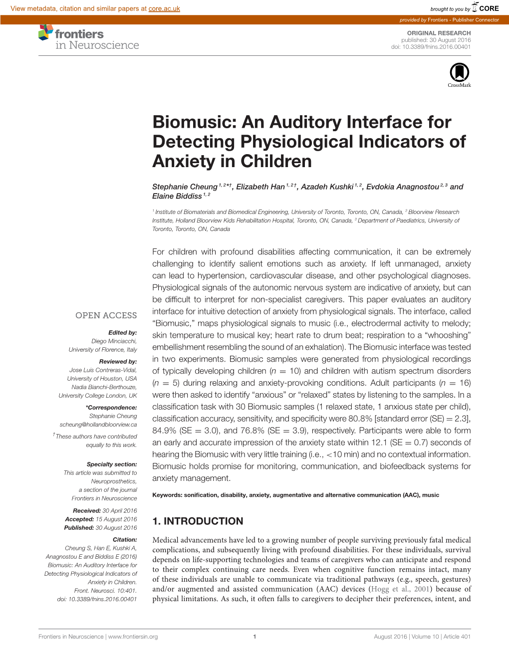 Biomusic: an Auditory Interface for Detecting Physiological Indicators of Anxiety in Children