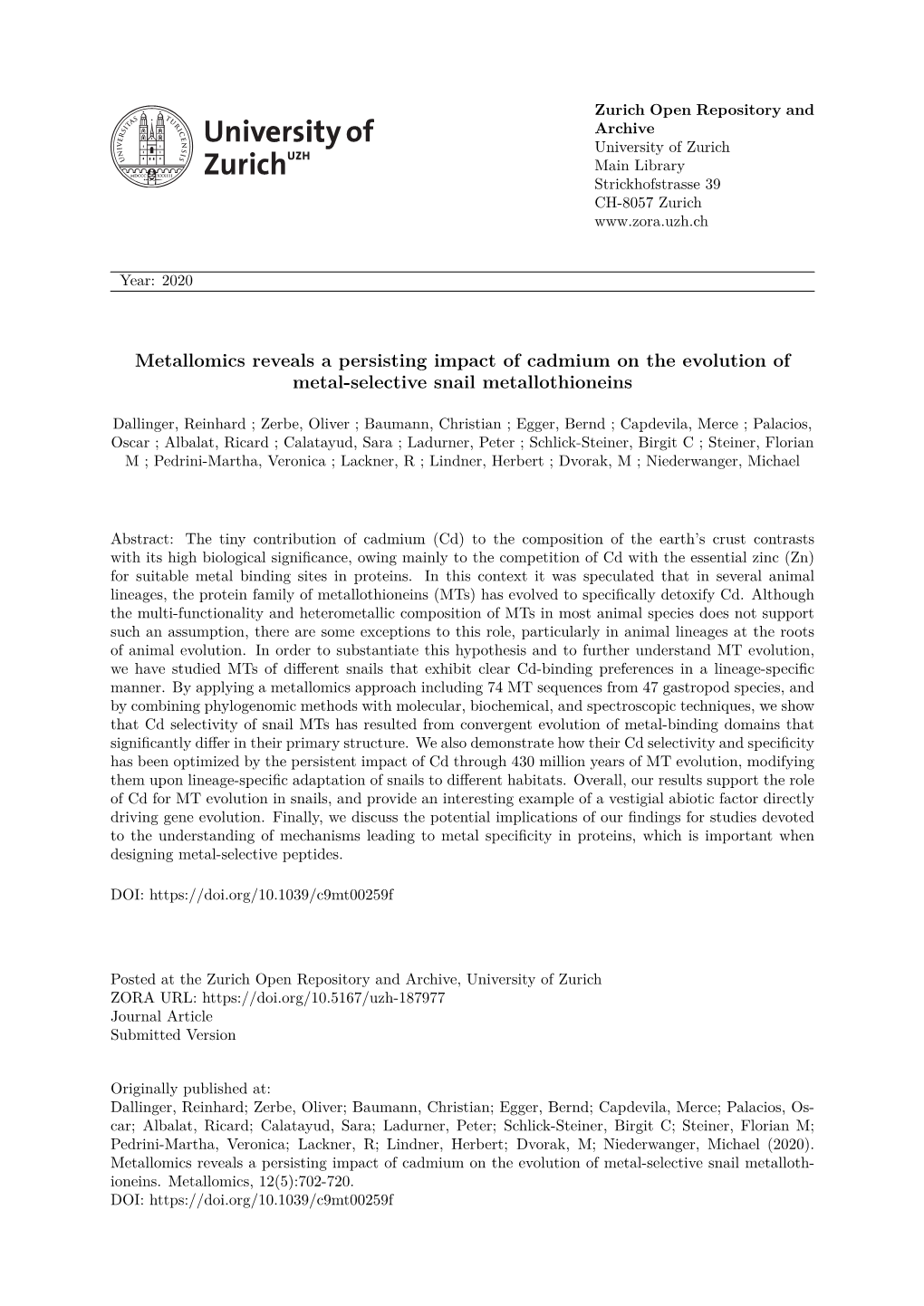 Metallomics Reveal a Persisting Impact of Cadmium on the Evolution