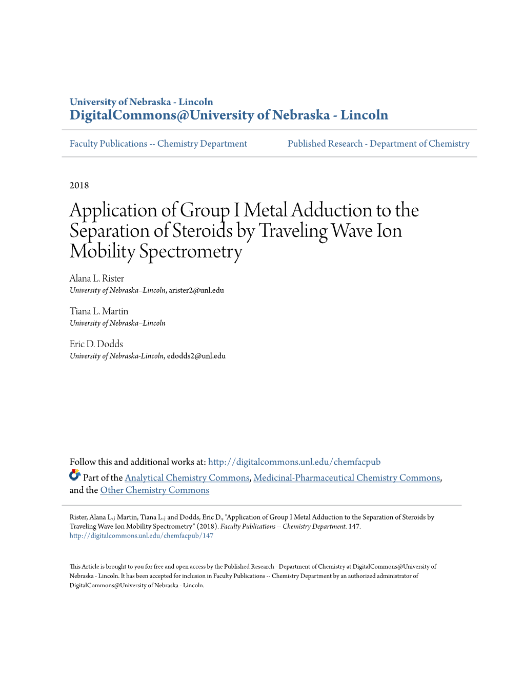 Application of Group I Metal Adduction to the Separation of Steroids by Traveling Wave Ion Mobility Spectrometry Alana L