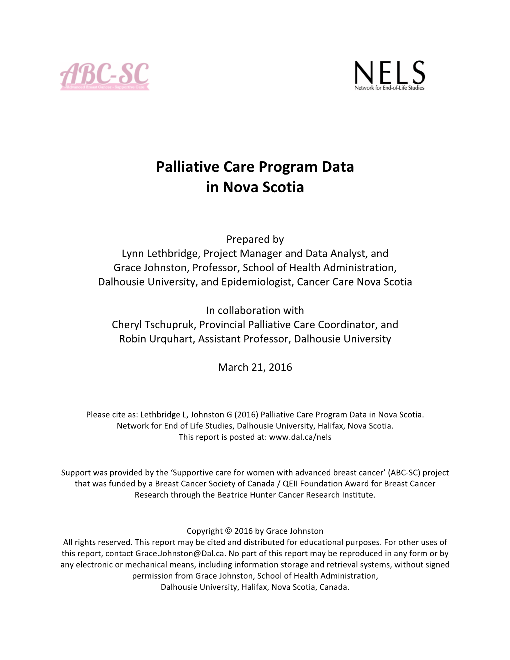 Palliative Care Program Data in Nova Scotia