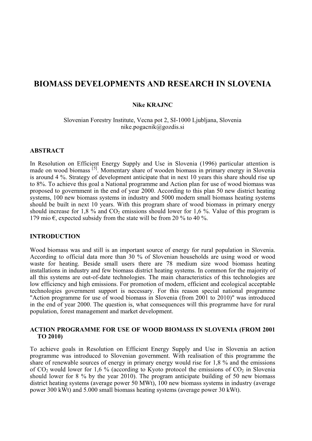 Biomass Developments and Research in Slovenia