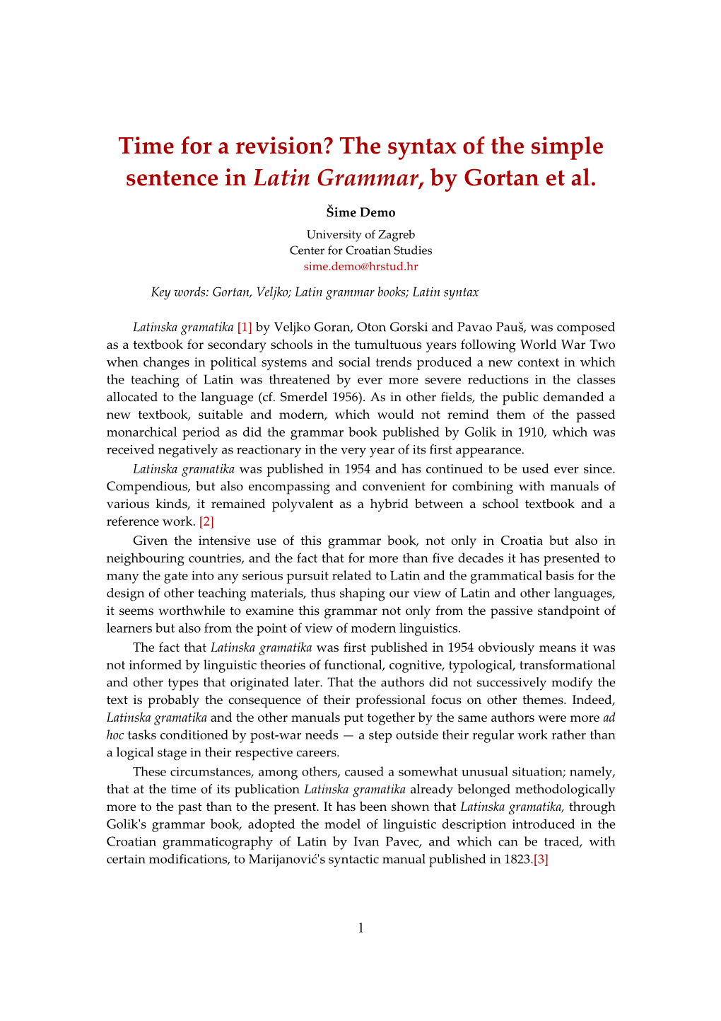 The Syntax of the Simple Sentence in Latin Grammar, by Gortan Et Al