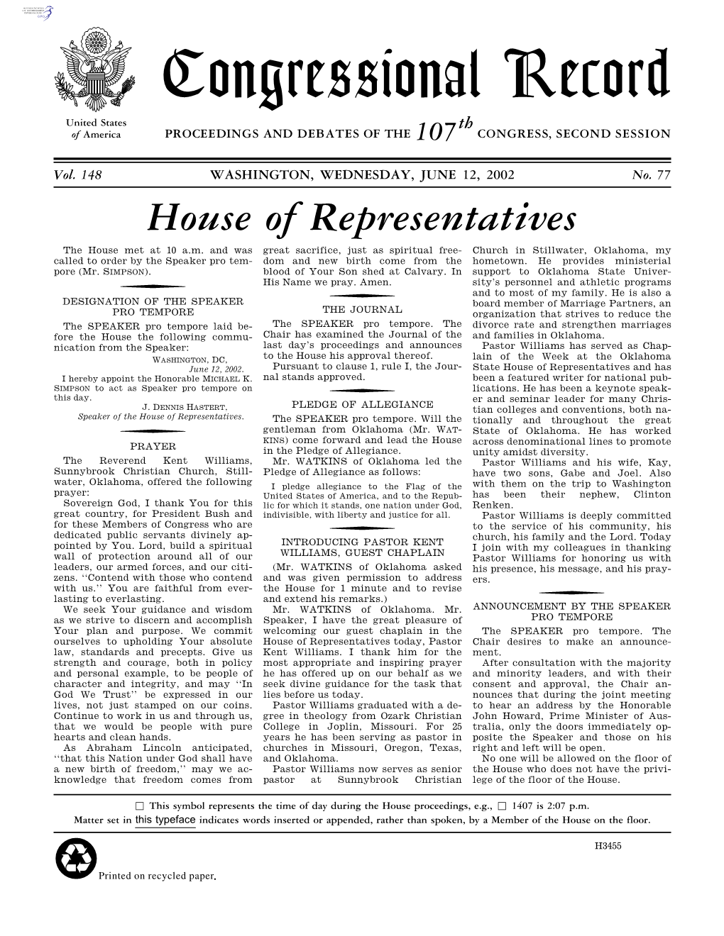 Congressional Record United States Th of America PROCEEDINGS and DEBATES of the 107 CONGRESS, SECOND SESSION