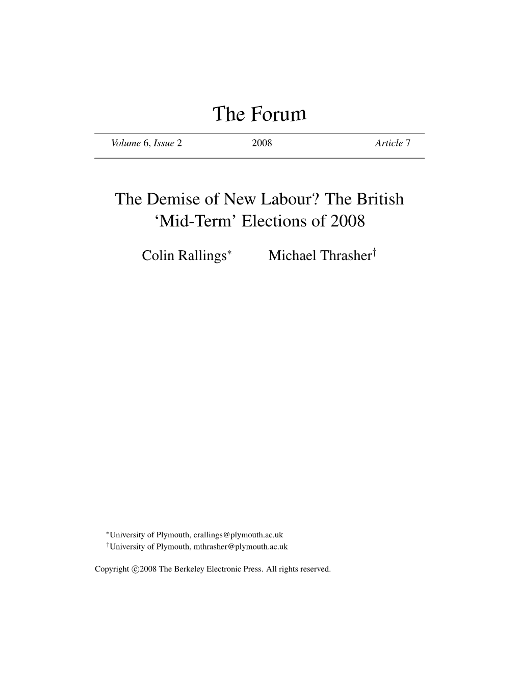 The Demise of New Labour? the British ‘Mid-Term’ Elections of 2008