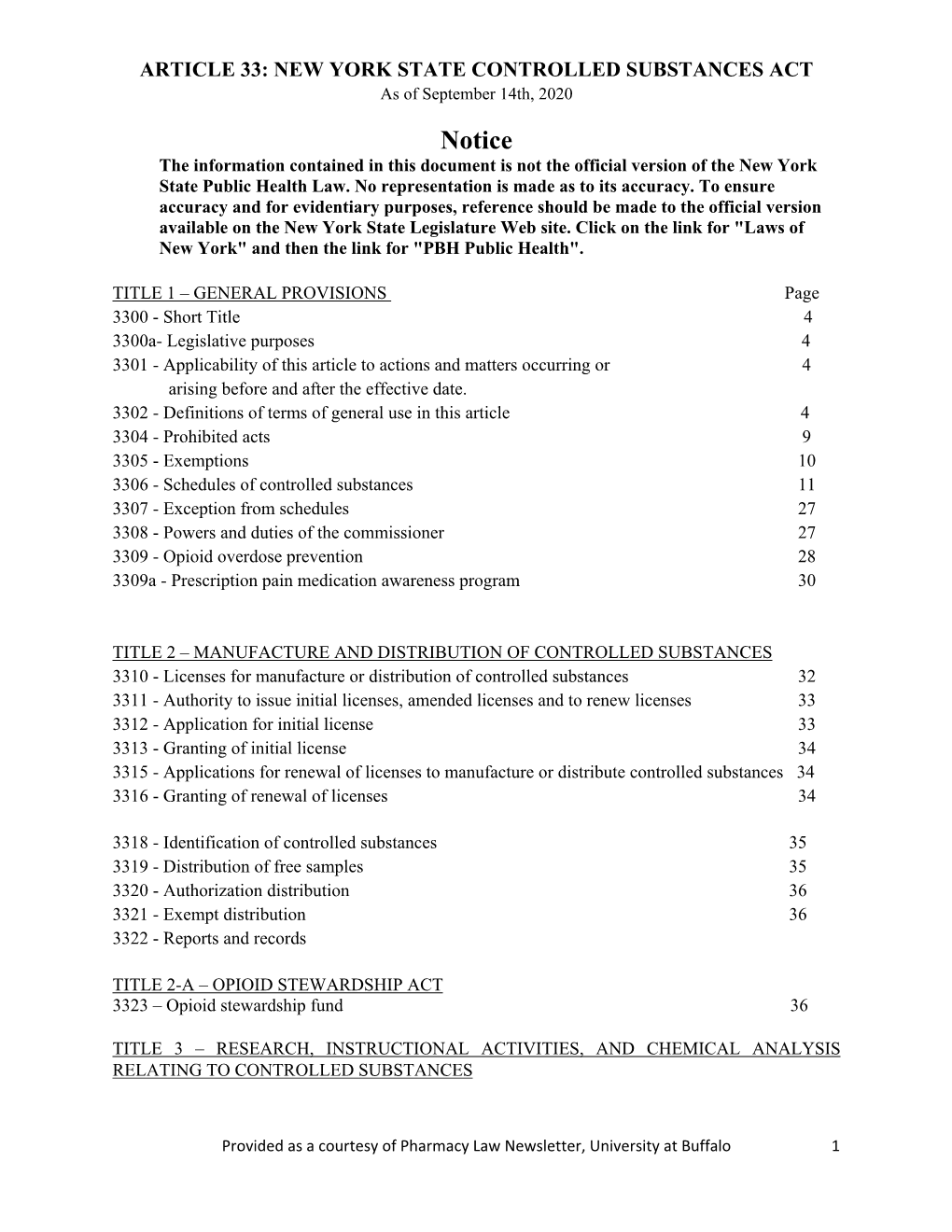 NEW YORK STATE CONTROLLED SUBSTANCES ACT As of September 14Th, 2020