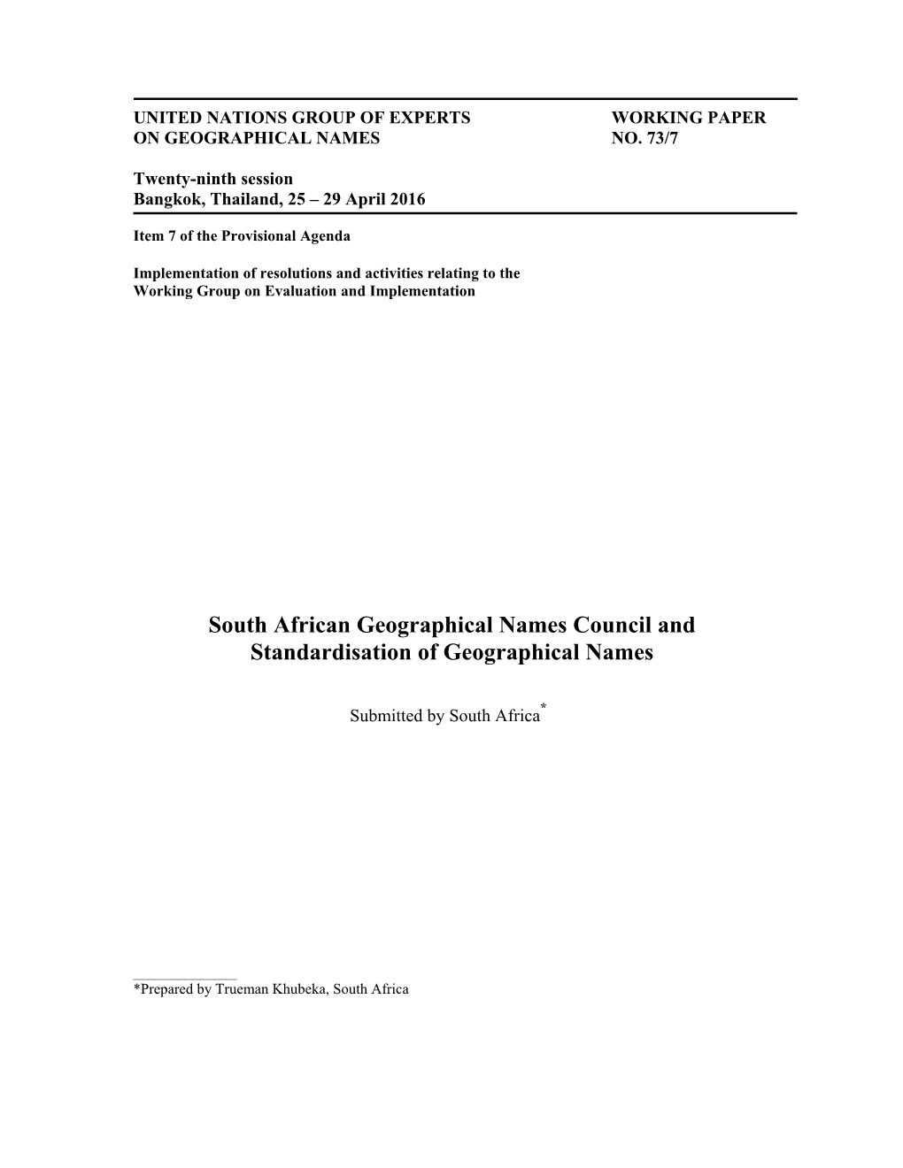 South African Geographical Names Council and Standardisation of Geographical Names