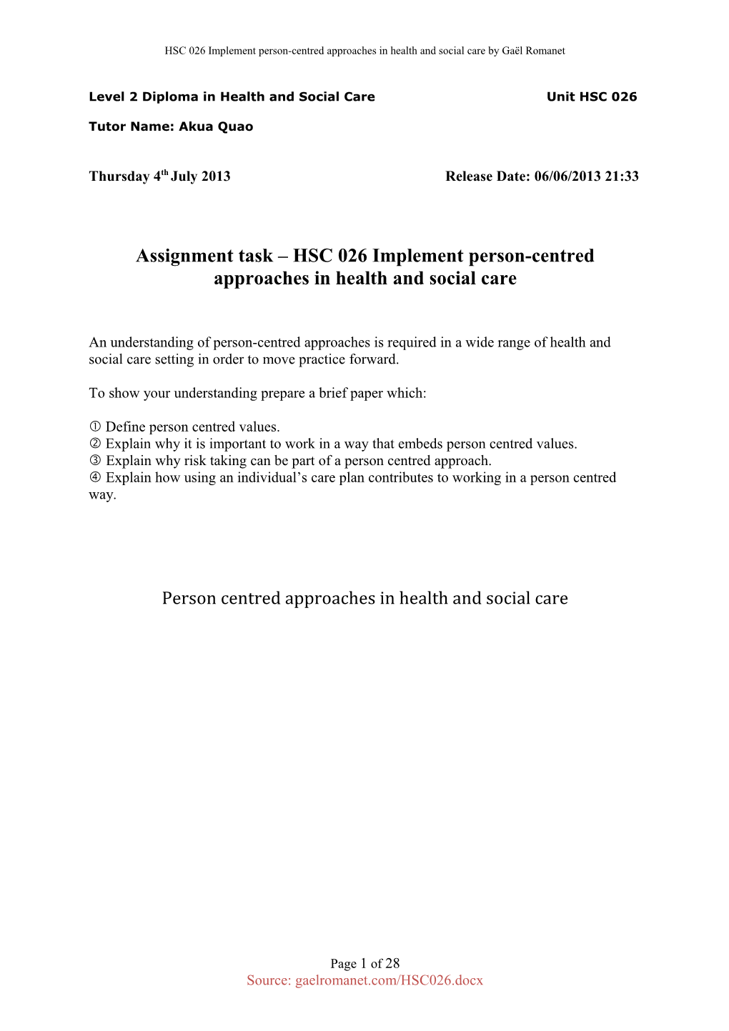 Level 2 Diploma in Health and Social Care Unit HSC 026