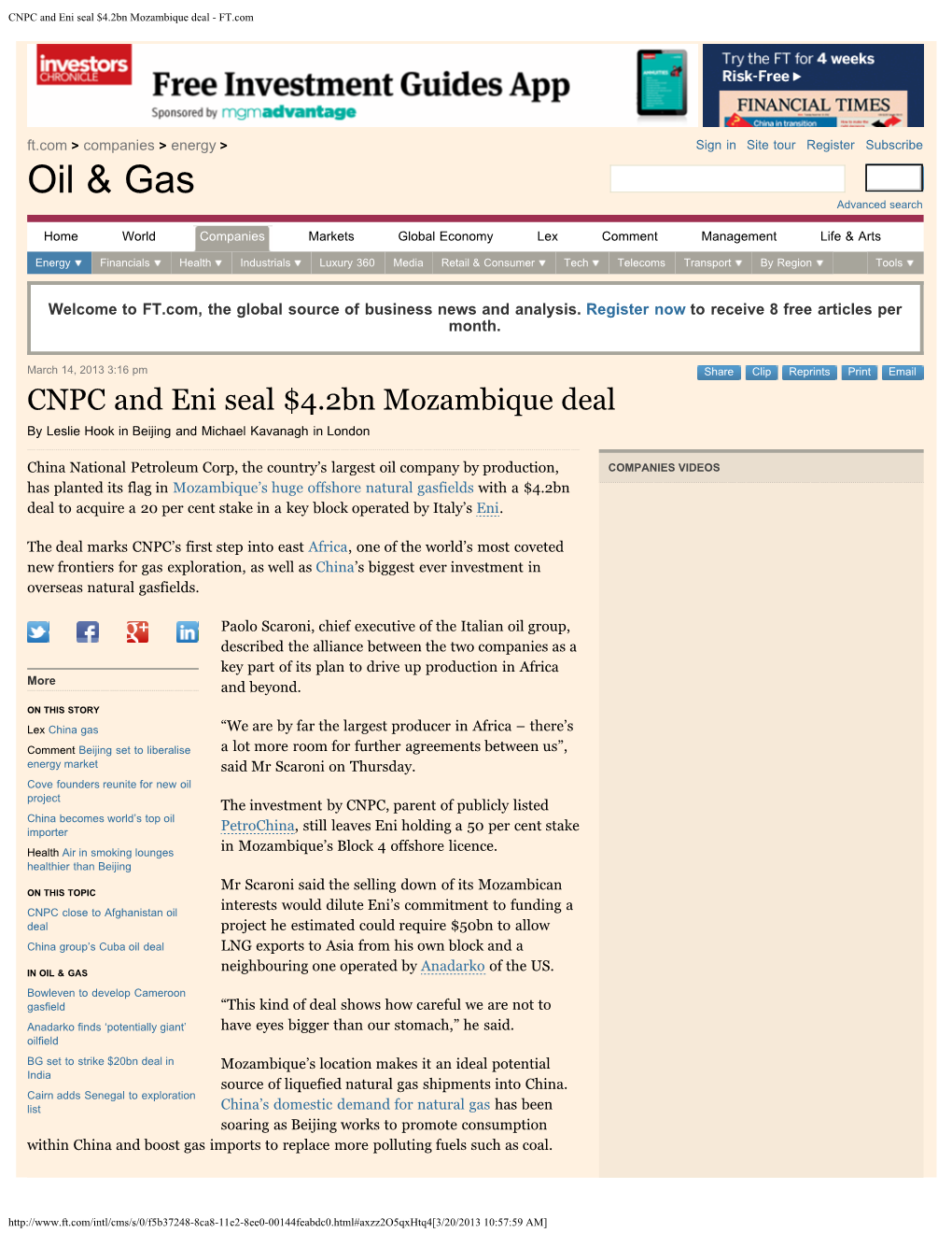 CNPC and Eni Seal $4.2Bn Mozambique Deal - FT.Com