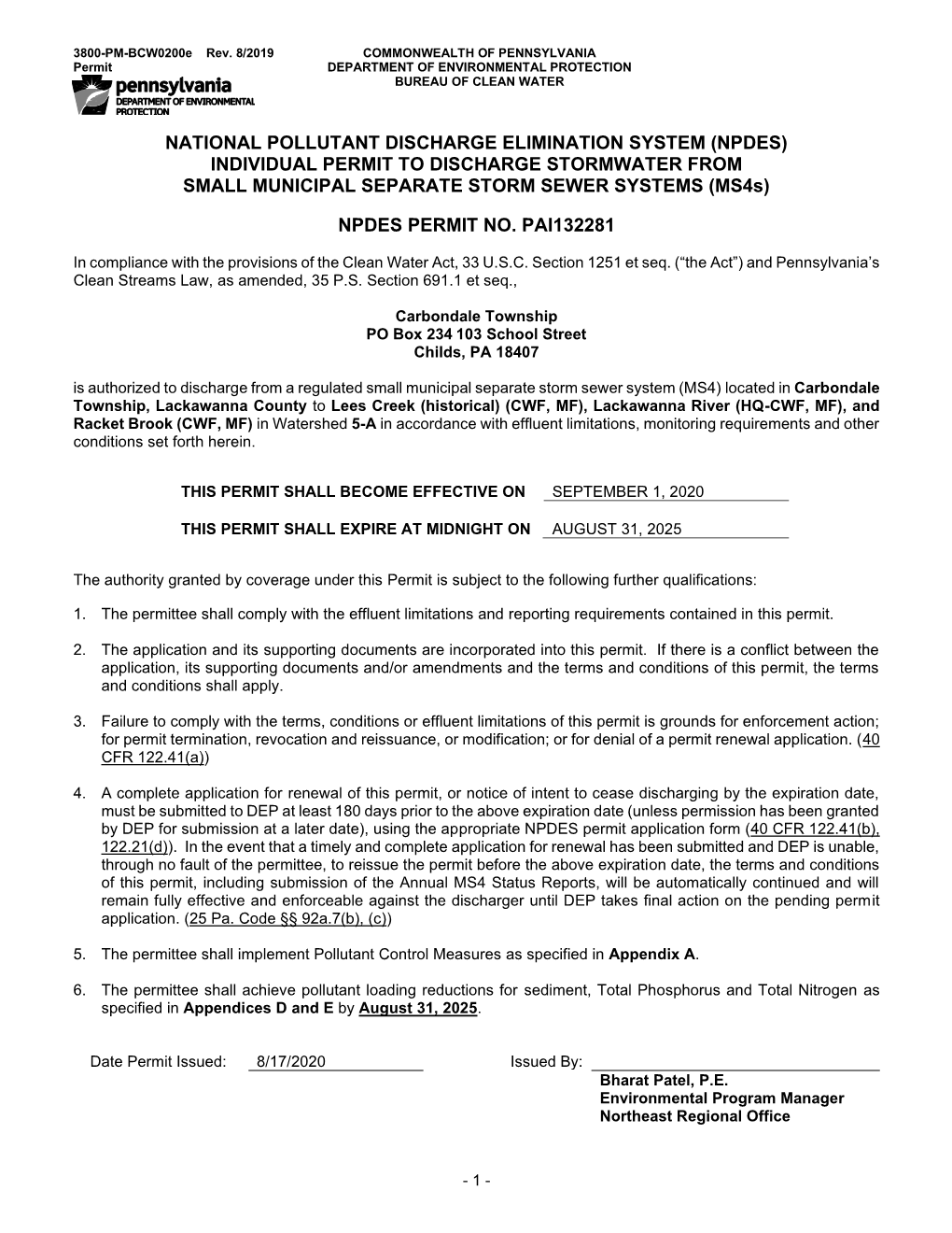 Npdes Individual Permit To Discharge Stormwater From Small Municipal Separate Storm Sewer 1186