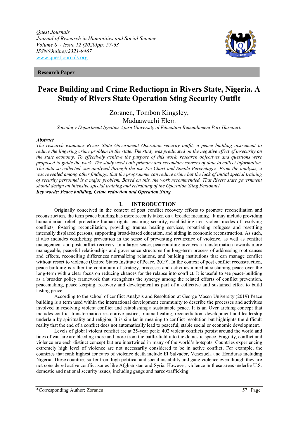 Peace Building and Crime Reductiopn in Rivers State, Nigeria. a Study of Rivers State Operation Sting Security Outfit